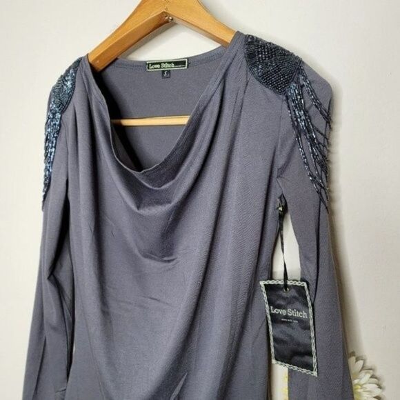 Lovestitch gray long-sleeved sequin cowl neck top size small - Picture 5 of 11